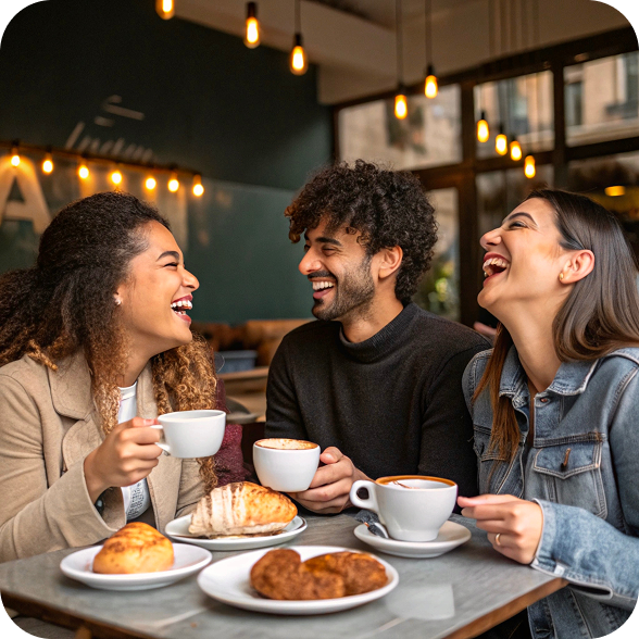 Tres jóvenes sentados en una mesa riendo mientras disfrutan de un desayuno con POPULIT